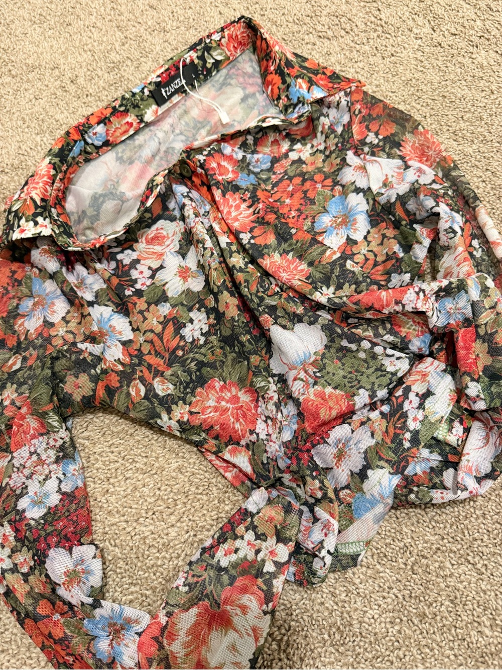 Zanzea Floral Sheer Button-Down Shirt in Black and Coral - Picture 3 of 3